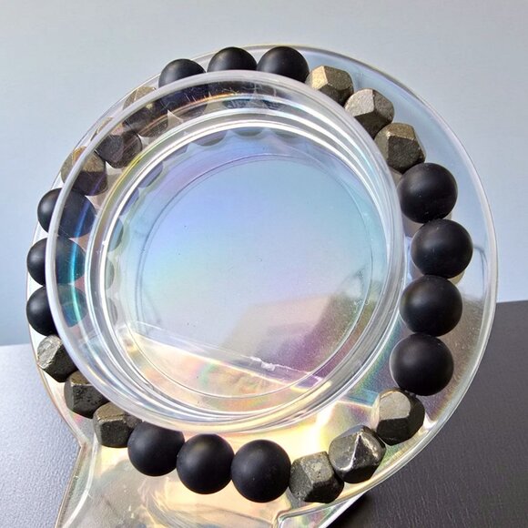 Handmade ✦ Raw Pyrite & Black Agate Bracelet ✦ 8mm Gemstone Beads Stretch Fit - Picture 4 of 8